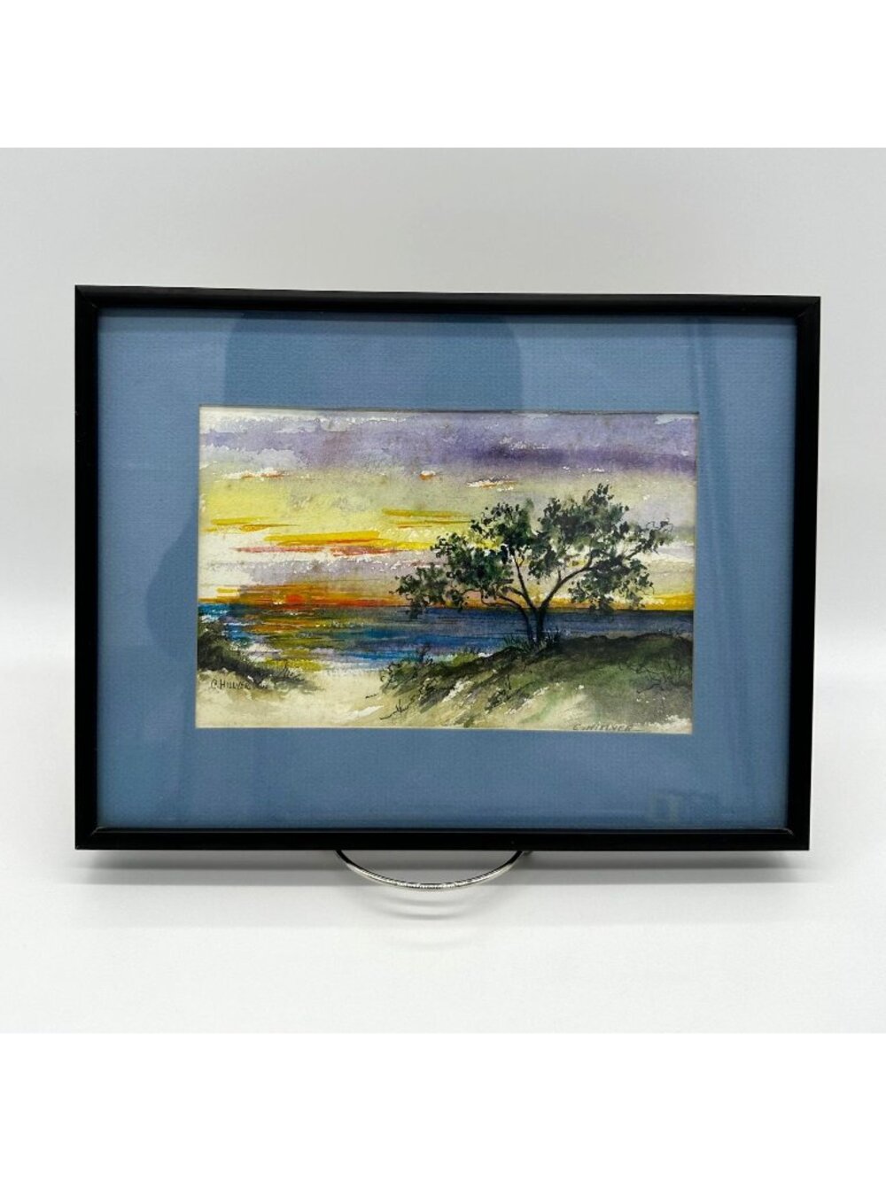 Vintage Watercolor Seascape Painting Framed Sunset Ocean Dunes Art Wall Hanging